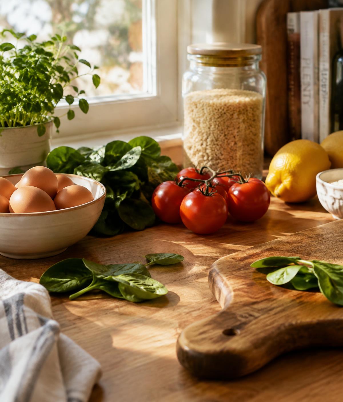 Eggs, spinach and tomatoes on a kitchen counter